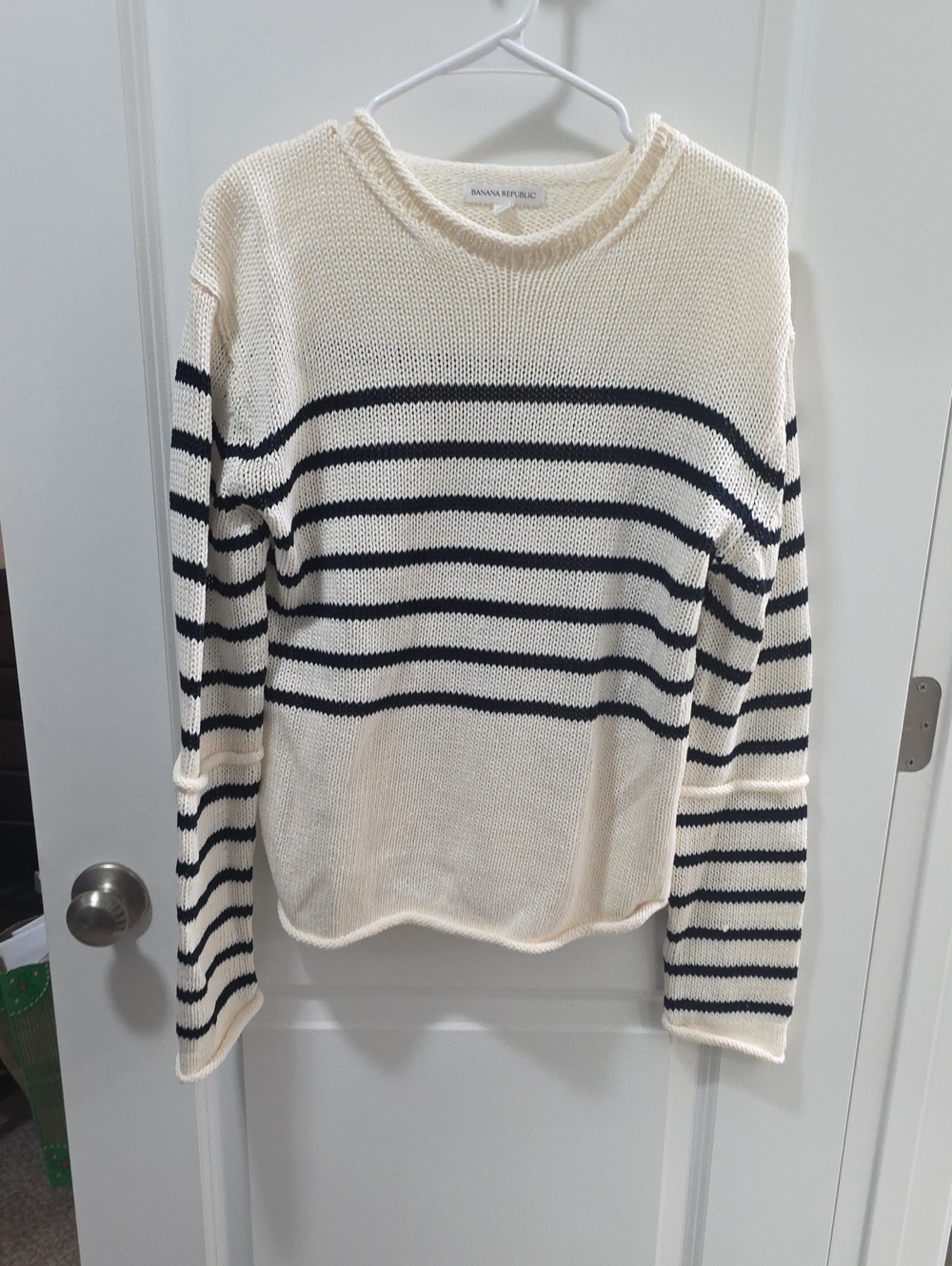 Banana Republic Cream Crewneck Sweater with Black Stripes